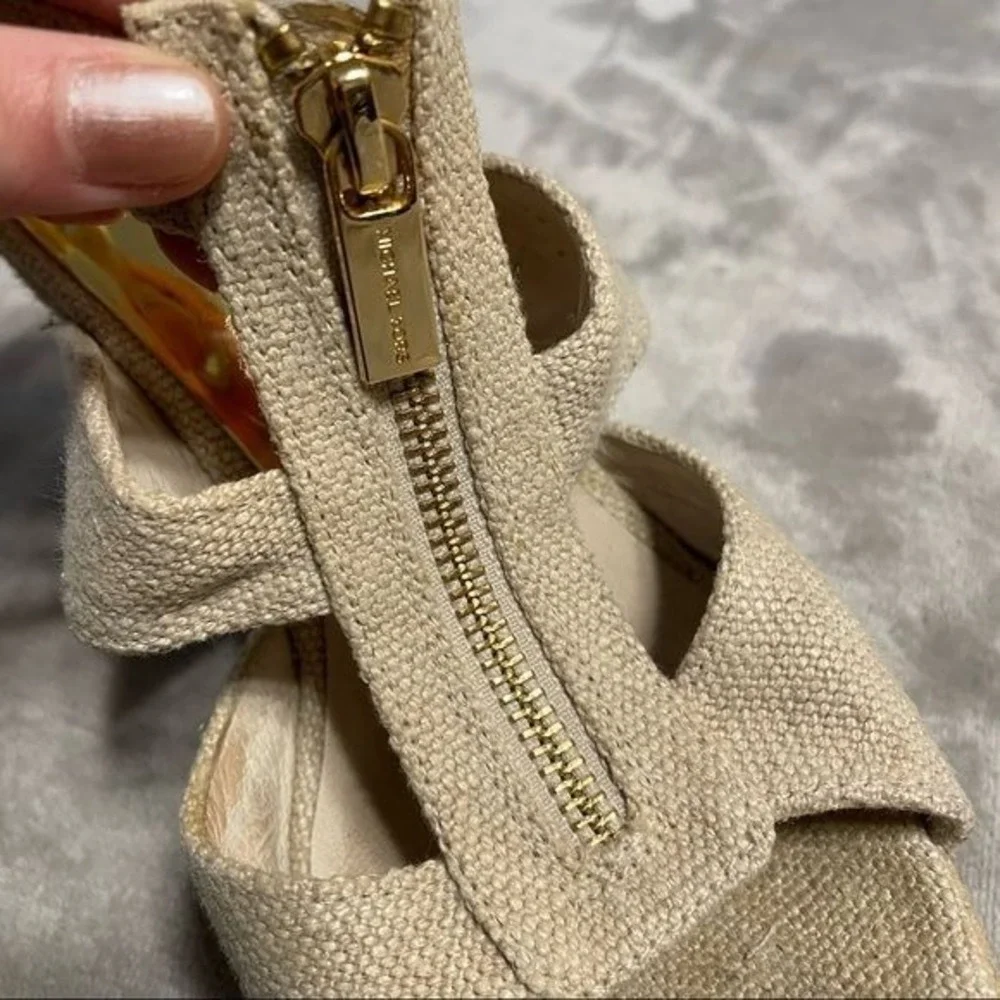Michael Kors Espadrille Platform Wedge Sandals 8.5 Beige Women Canvas Jute Zip